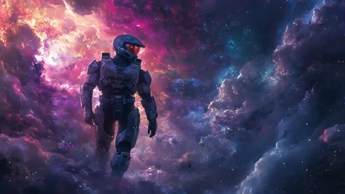 Armored astronaut traverses luminescent nebula with volumetric light