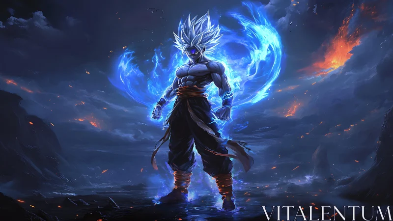 Celestial energy warrior with blue aura in volcanic wasteland