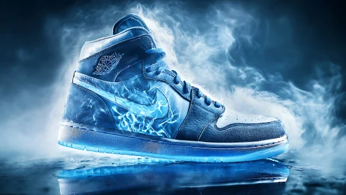 Electrified blue sneaker glowing in swirling cool mist.