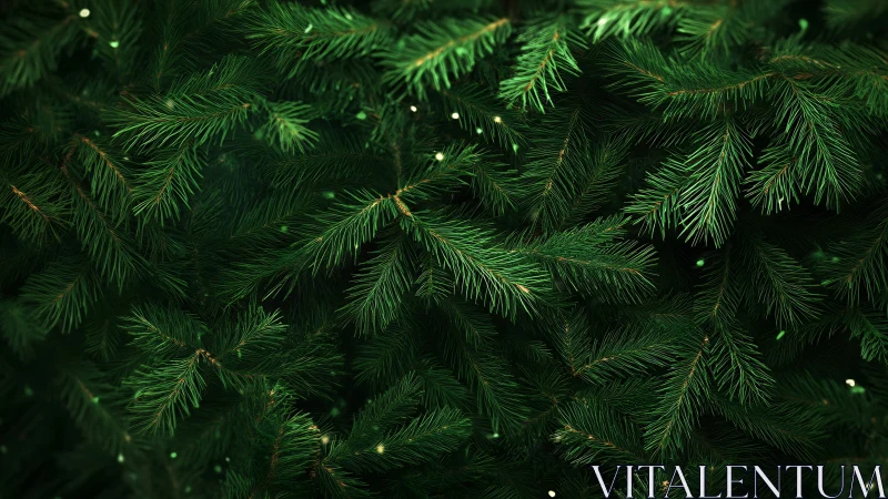 Dense evergreen conifer branches with subtle point lights.