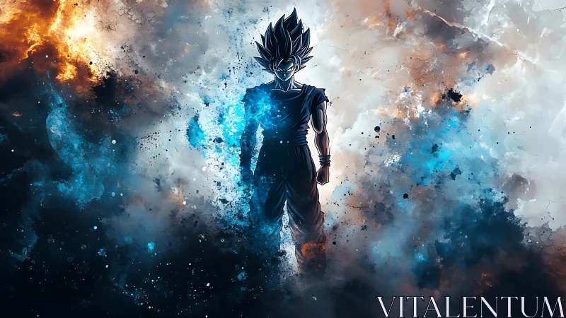 Silhouetted anime fighter in blue and orange energy field.