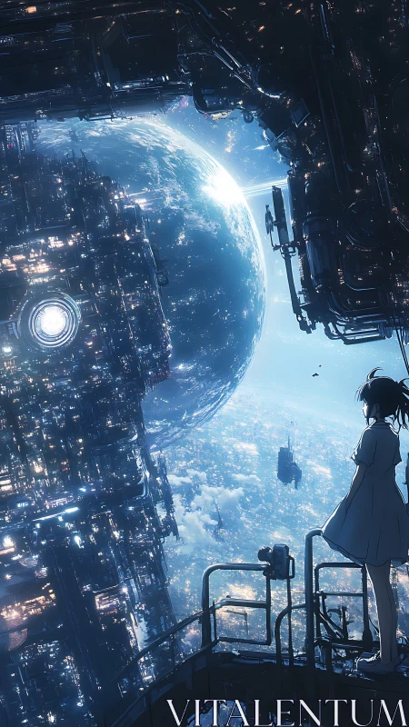 Starlit girl on a balcony between dueling space citadels.