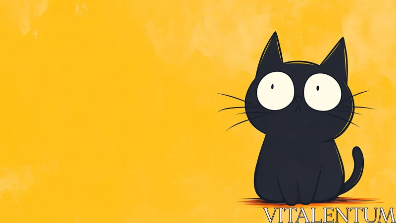 Wide eyed black cat on sunny yellow storybook backdrop.