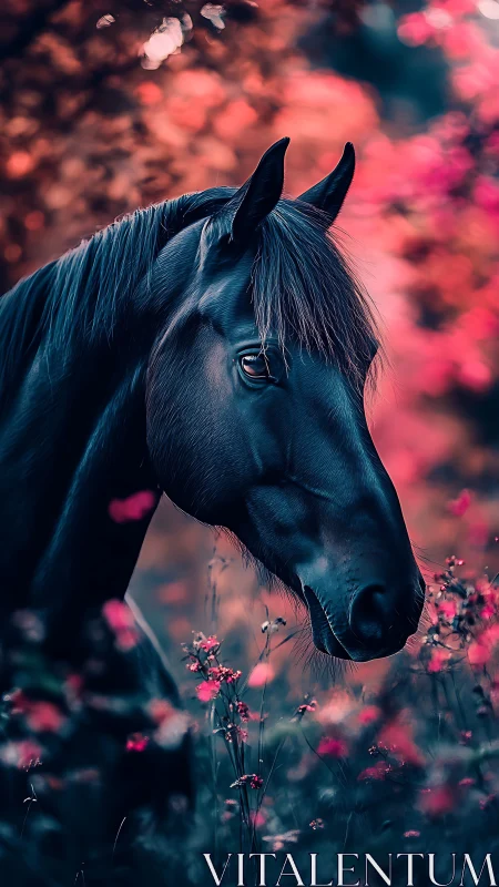 Black horse profile amid blurred pink foliage and flowers.
