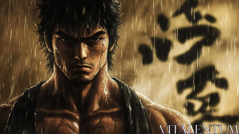 Determined anime fighter standing in heavy golden rain.