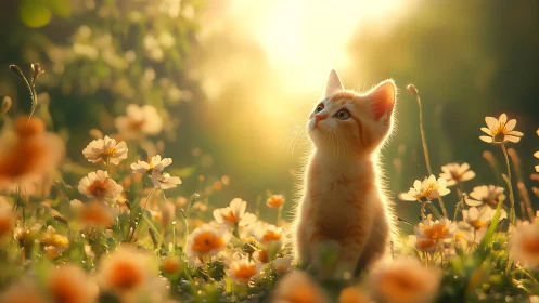 A Curious Kitten Discovering a Garden of Golden Flowers.