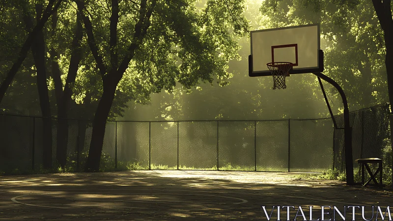 Quiet outdoor basketball court under soft morning light.