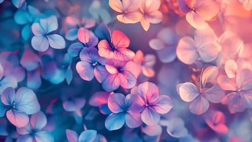 Four-petaled flowers in soft focus with pink and blue lighting gradient.