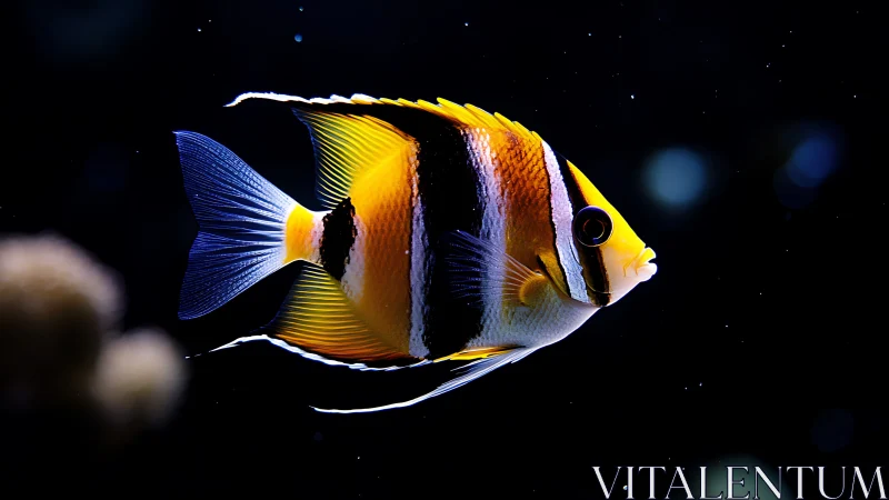 Striped reef angel glows like stained glass in midnight sea.