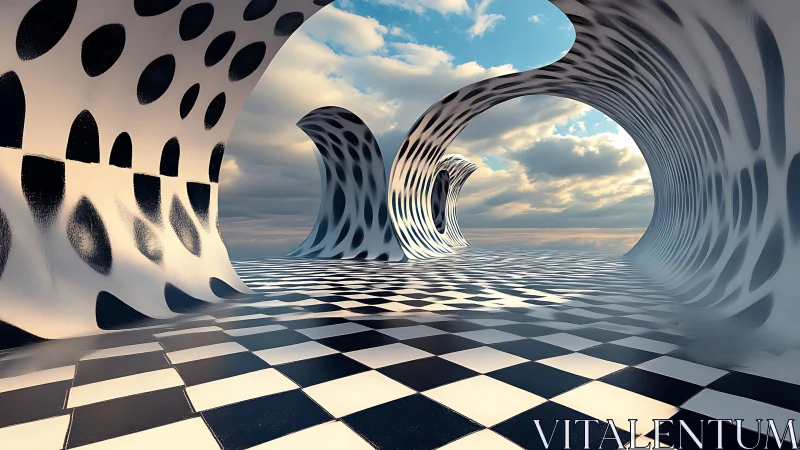 Surreal checkered tunnel waves under luminous skyscape.