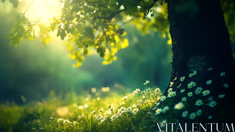 Backlit tree trunk with white wildflowers in soft focus.
