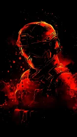 Red-armored sci fi soldier in stark dark splatter art.