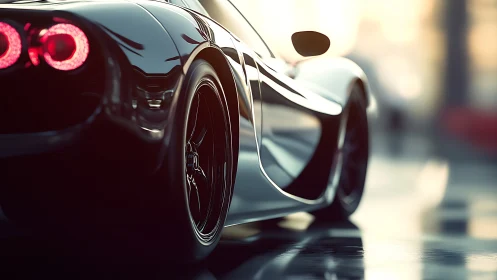 Low-angle close-up renders sleek black supercar in soft bokeh light