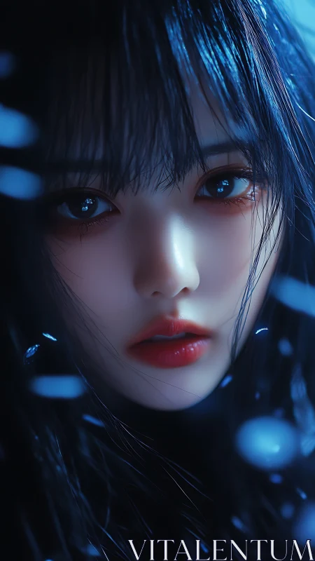 Cinematic blue-lit portrait with hyperreal anime detail