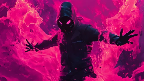 Neon hooded phantom conjures wild electric magenta firestorm.