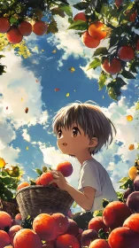 Autumn orchard perspective with anime child and dynamic sky lighting.