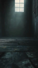 Dim empty stone room with high frosted window and haze.