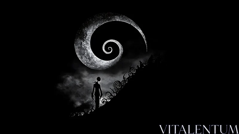 Silhouetted figure under large spiral moon at night.