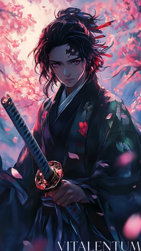 Samurai swordsman under sakura bloom with dramatic rim lighting