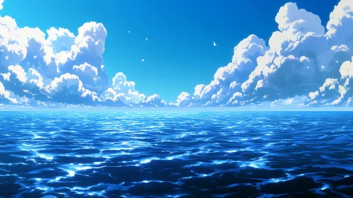 Open ocean horizon beneath cumulus cloud formations.