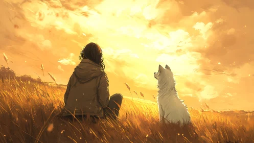 Digital painting of girl and dog in golden-hour meadow panorama.
