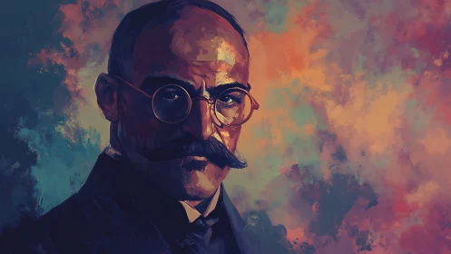 Portrait of mustached man with glasses on abstract ground.