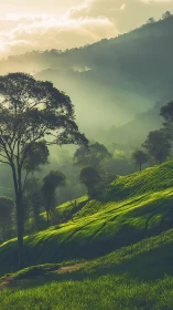Photorealistic misty tea terraces with layered forest slopes.