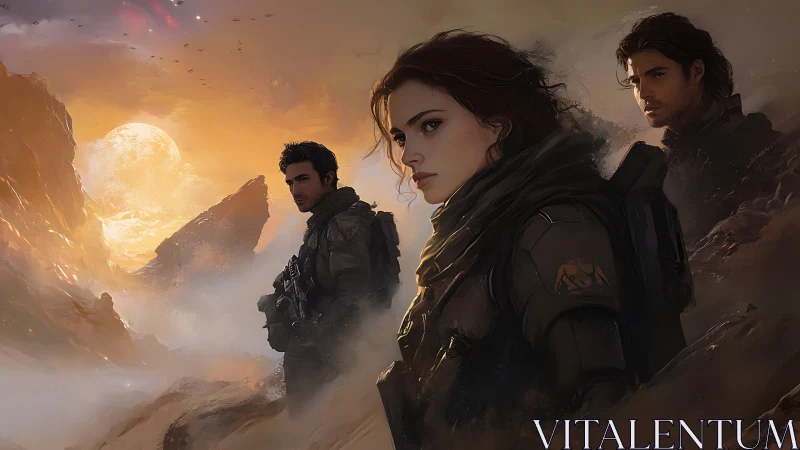 Futuristic desert strike team under molten alien sunset.