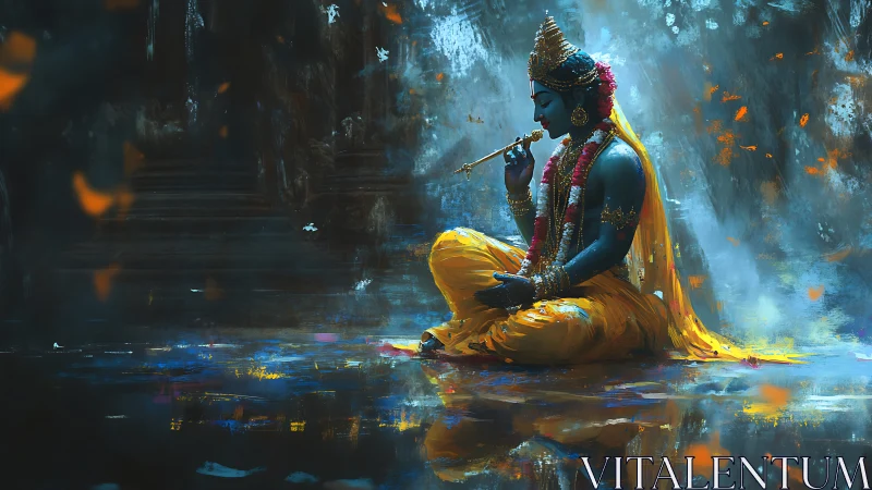 Divine blue figure playing flute in luminous abstract dusk.