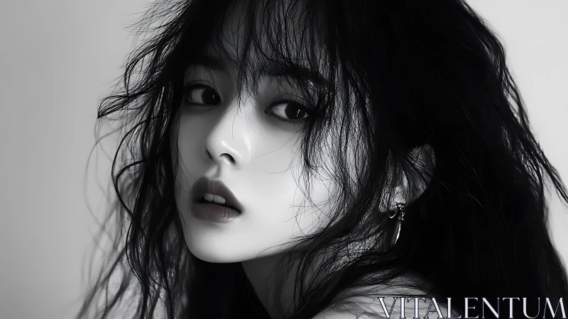 Monochrome close-up presents a digitally rendered female face