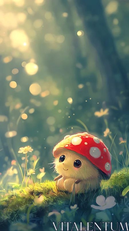 Gentle mushroom creature cuddles into a sunlit forest glade