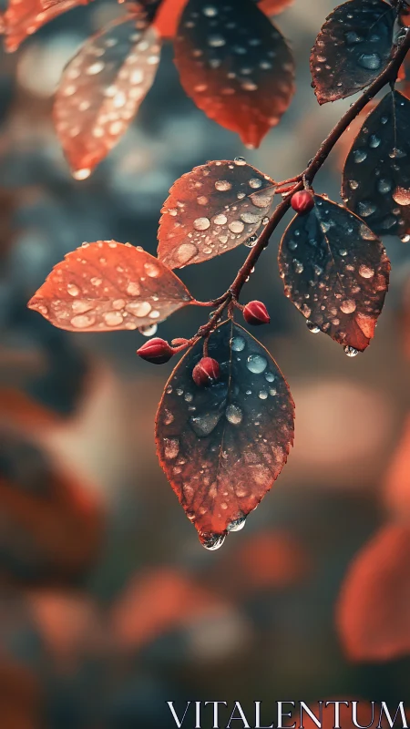 Rain-kissed red leaves glow softly in delicate focus.