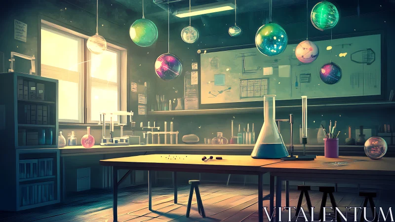 Surreal science classroom shows floating planetary glass orbs