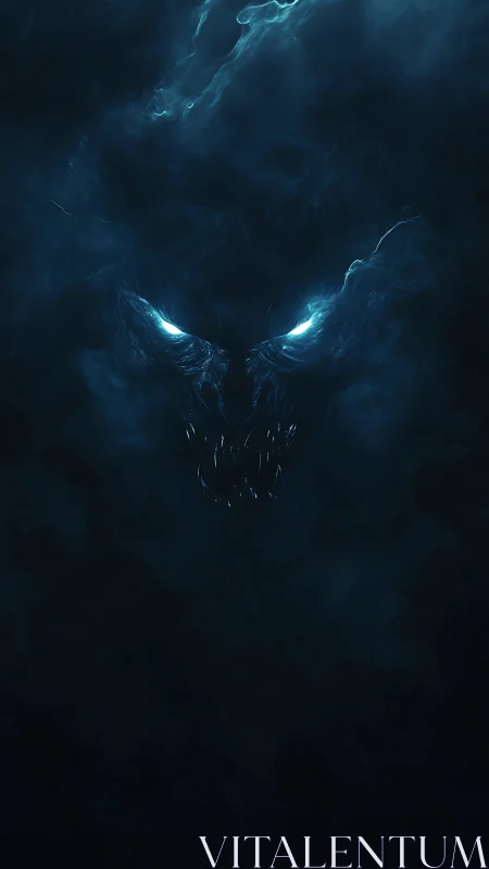 Demonic smoke face with glowing eyes in dark void.