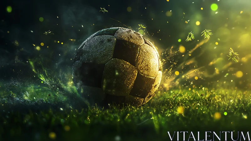 Close-up soccer ball on wet grass with glowing particles.