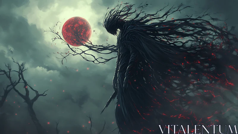 Shadow figure stands beneath red moon amid twisted branches