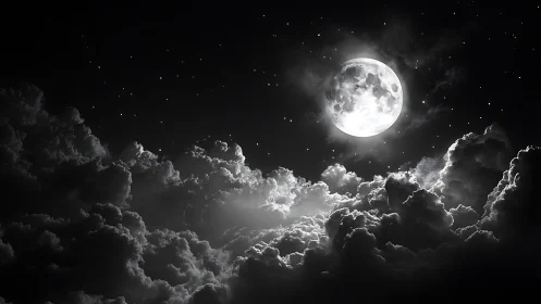 High-contrast moonlit cumulonimbus rendered in monochrome realism