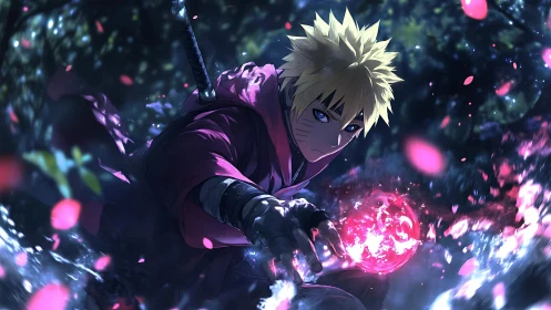 Blond anime ninja in dynamic forest battle pose.