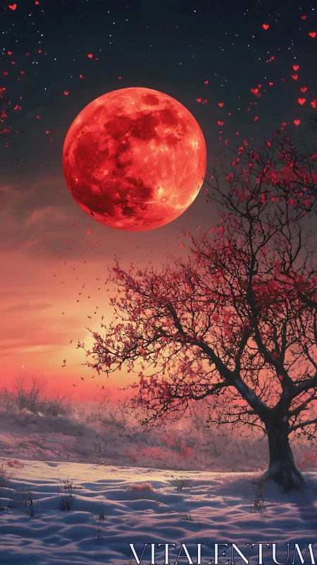 Red lunar body above snowy field with single tree at dusk.