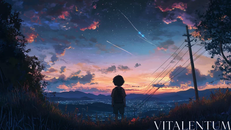 Child watches twilight meteor shower above glowing city