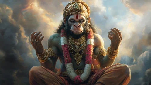 Divine monkey deity meditates in storm-lit celestial clouds