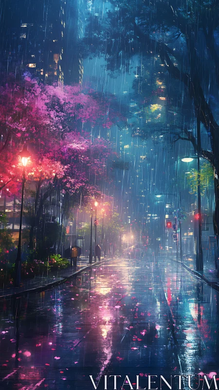 Neon rain transforms a quiet city street into dreamlike glow.