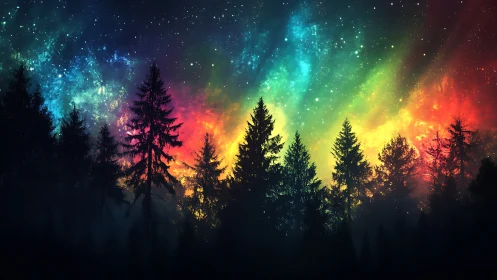 Conifer forest silhouette under multicolor starfield sky.