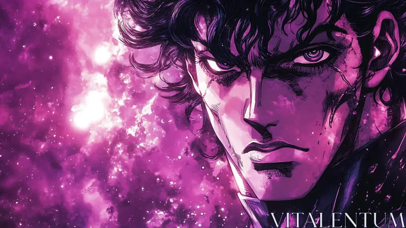 Brooding anime warrior glares through a vivid cosmic storm