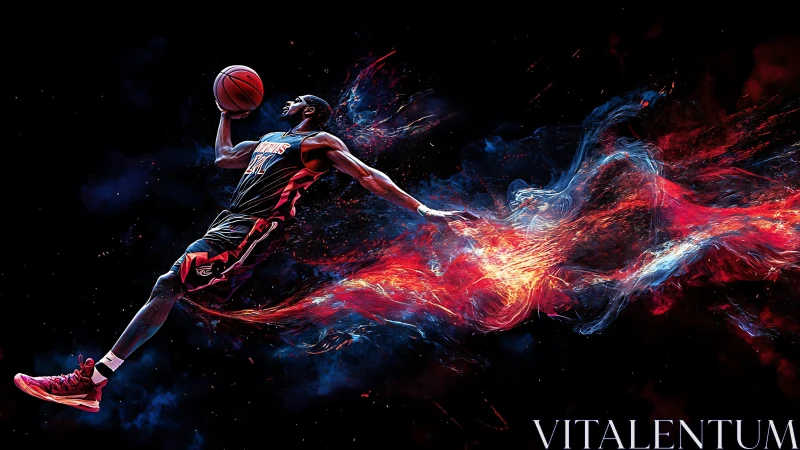 Basketball player in midair with particle trail effect
