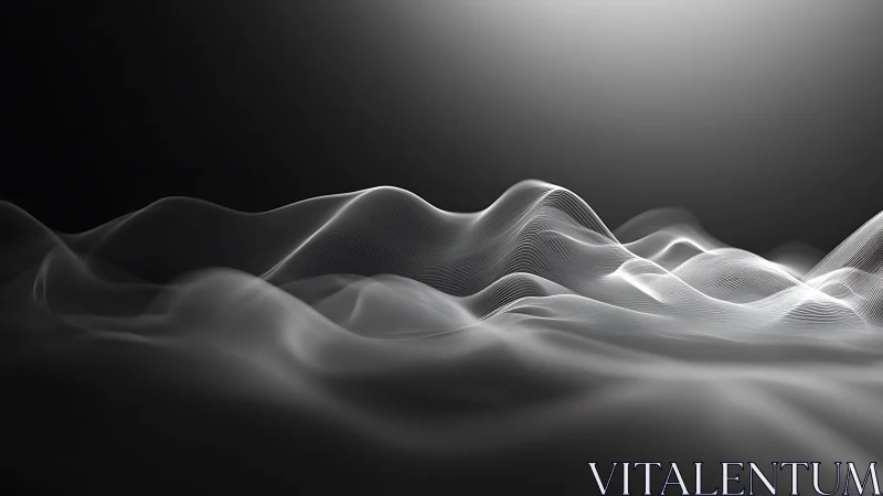 Abstract white digital waves on dark gradient background.