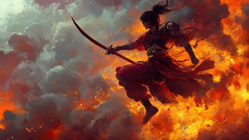Firelit samurai warrior leaps through storm of burning clouds.