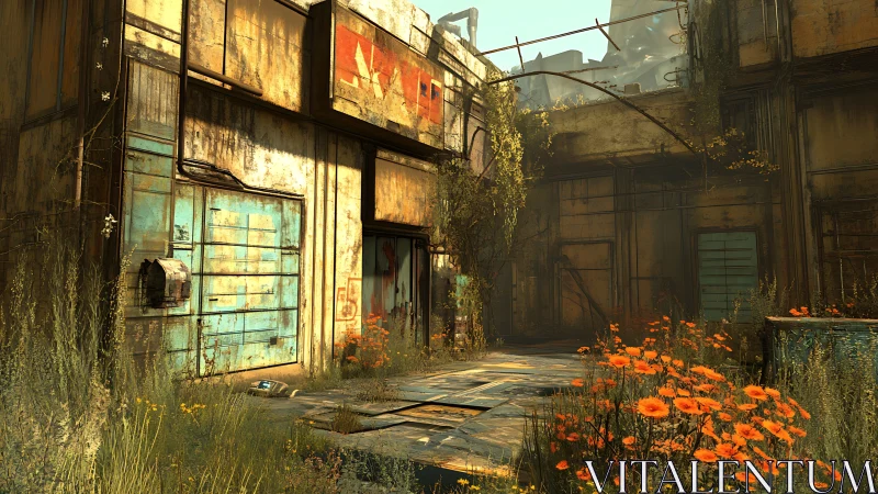 Wildflowers reclaim a rusted industrial courtyard in silence.