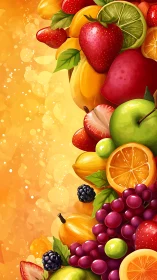 Juicy fruit cascade along glowing citrus sunset backdrop.