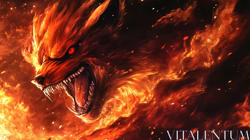 Fiery lupine head forms within dynamically rendered flames